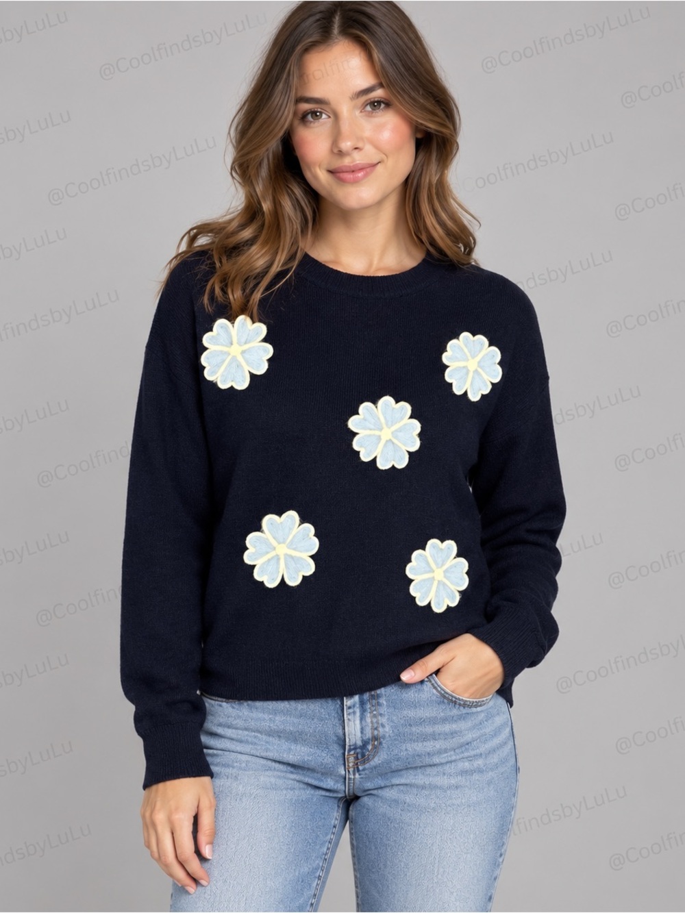 Aaeda Navy Blue Daisy Flower Sweater with light blue flower & yellow trim Large